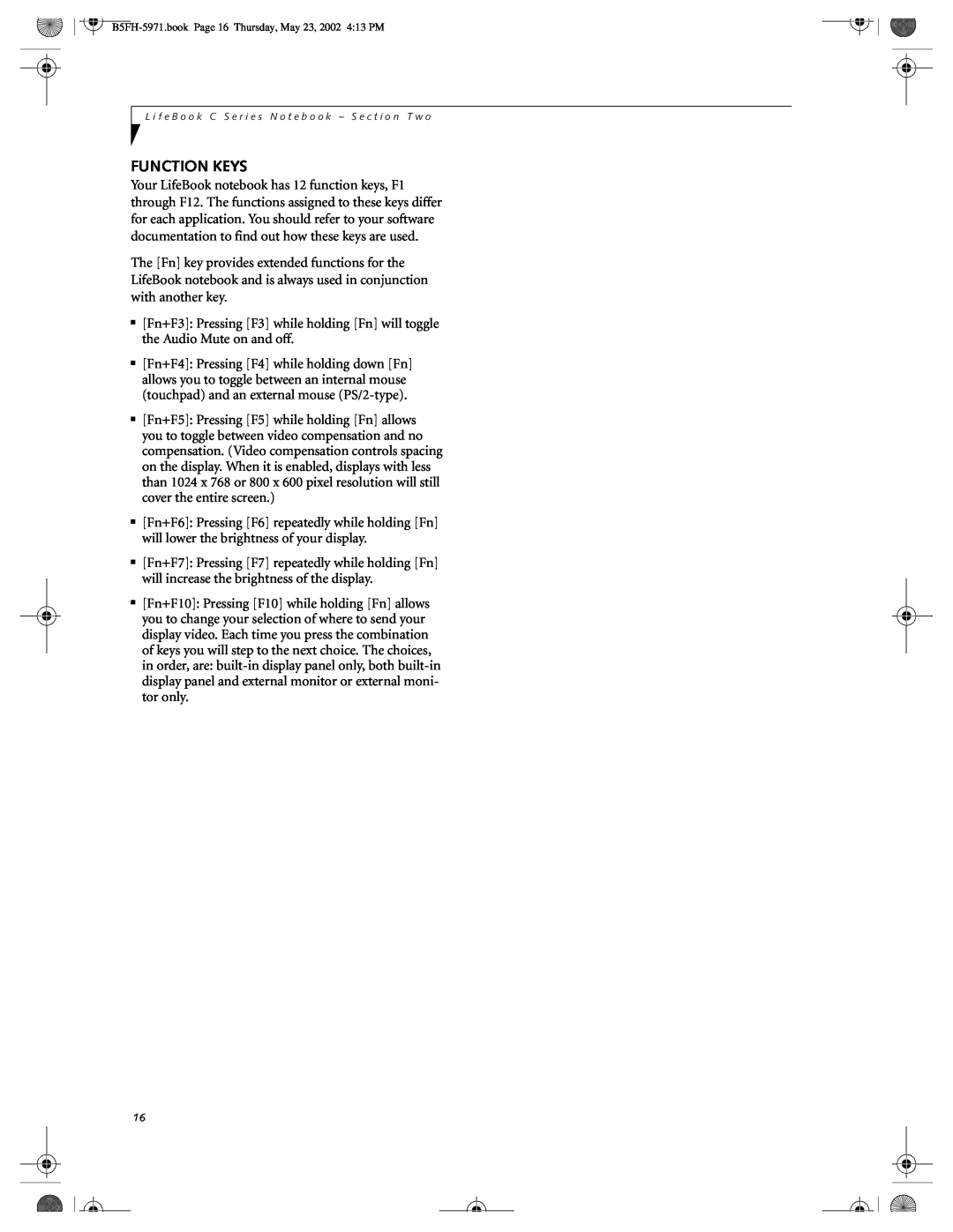 Fujitsu C2111, C2010 manual Function Keys, B5FH-5971.book Page 16 Thursday, May 23, 2002 413 PM 