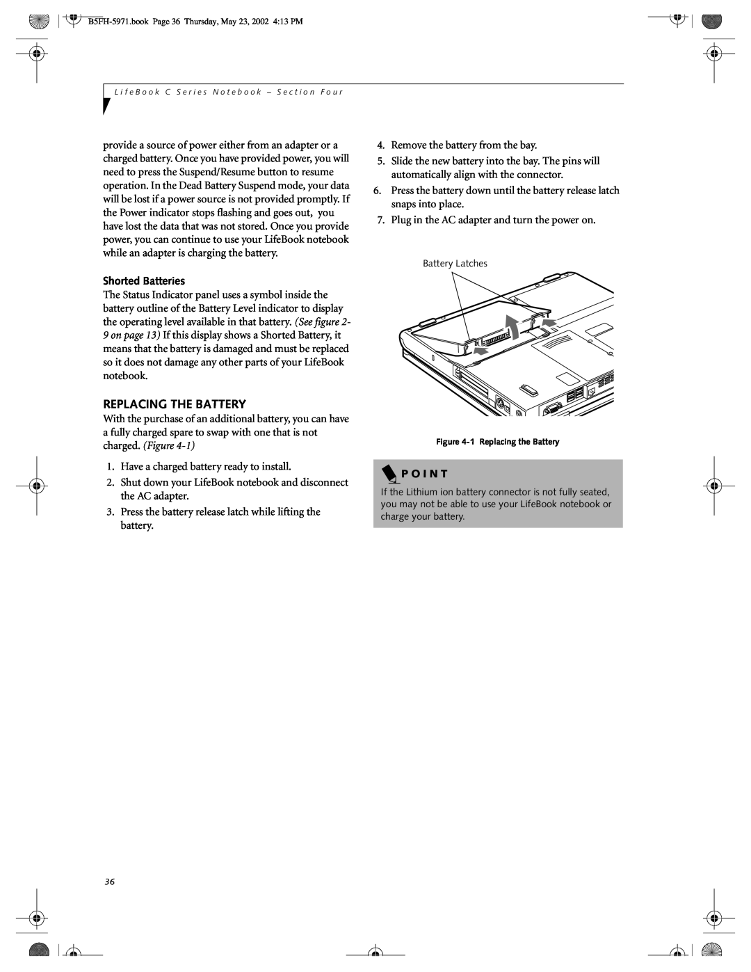 Fujitsu C2111, C2010 manual Replacing The Battery, Shorted Batteries, P O I N T 