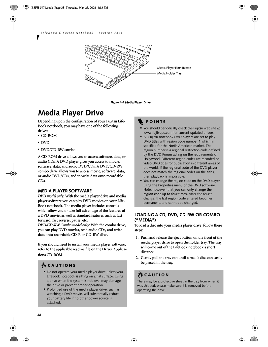 Fujitsu C2111, C2010 Media Player Drive, Media Player Software, Loading A Cd, Dvd, Cd-Rw Or Combo “Media”, C A U T I O N S 