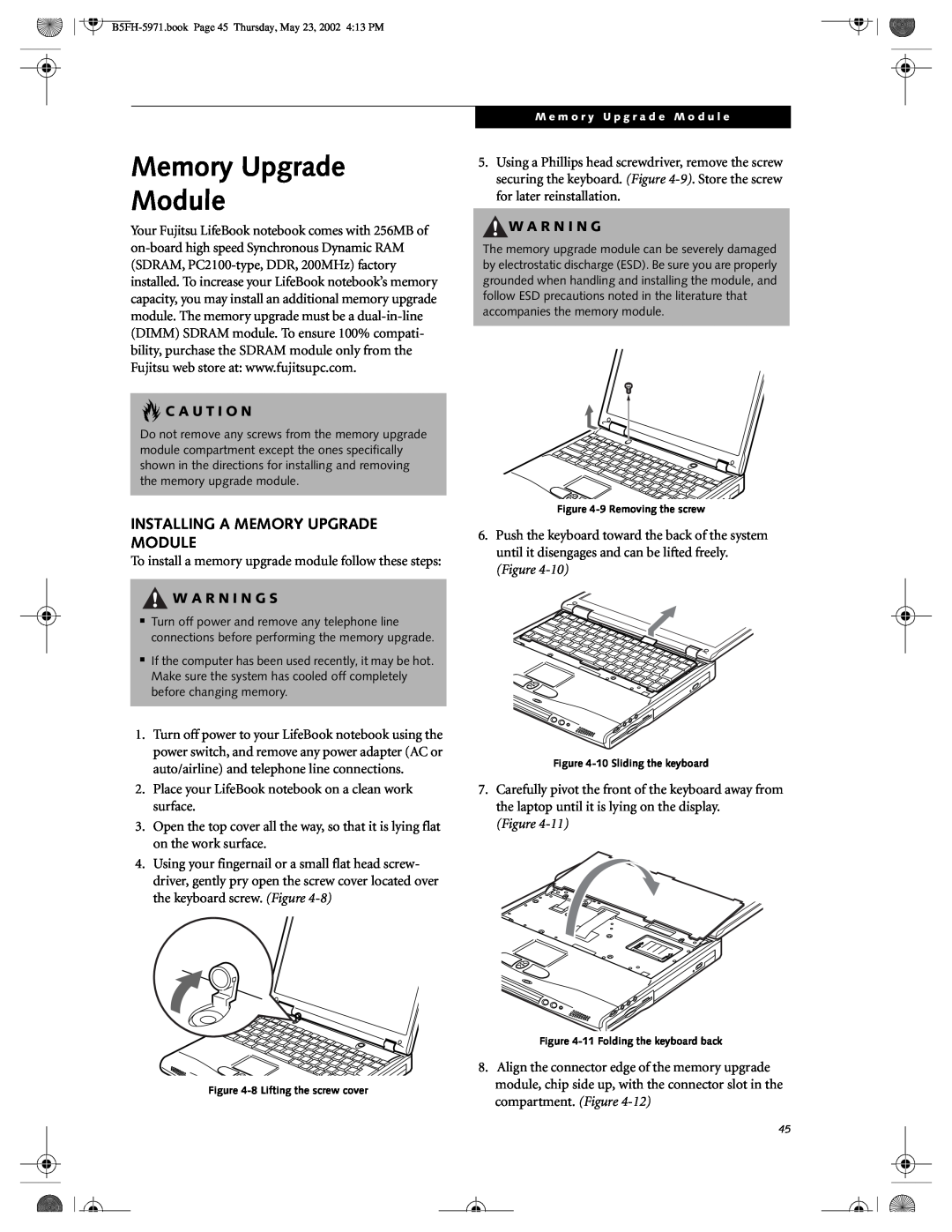 Fujitsu C2010, C2111 manual Installing A Memory Upgrade Module, C A U T I O N, W A R N I N G S 