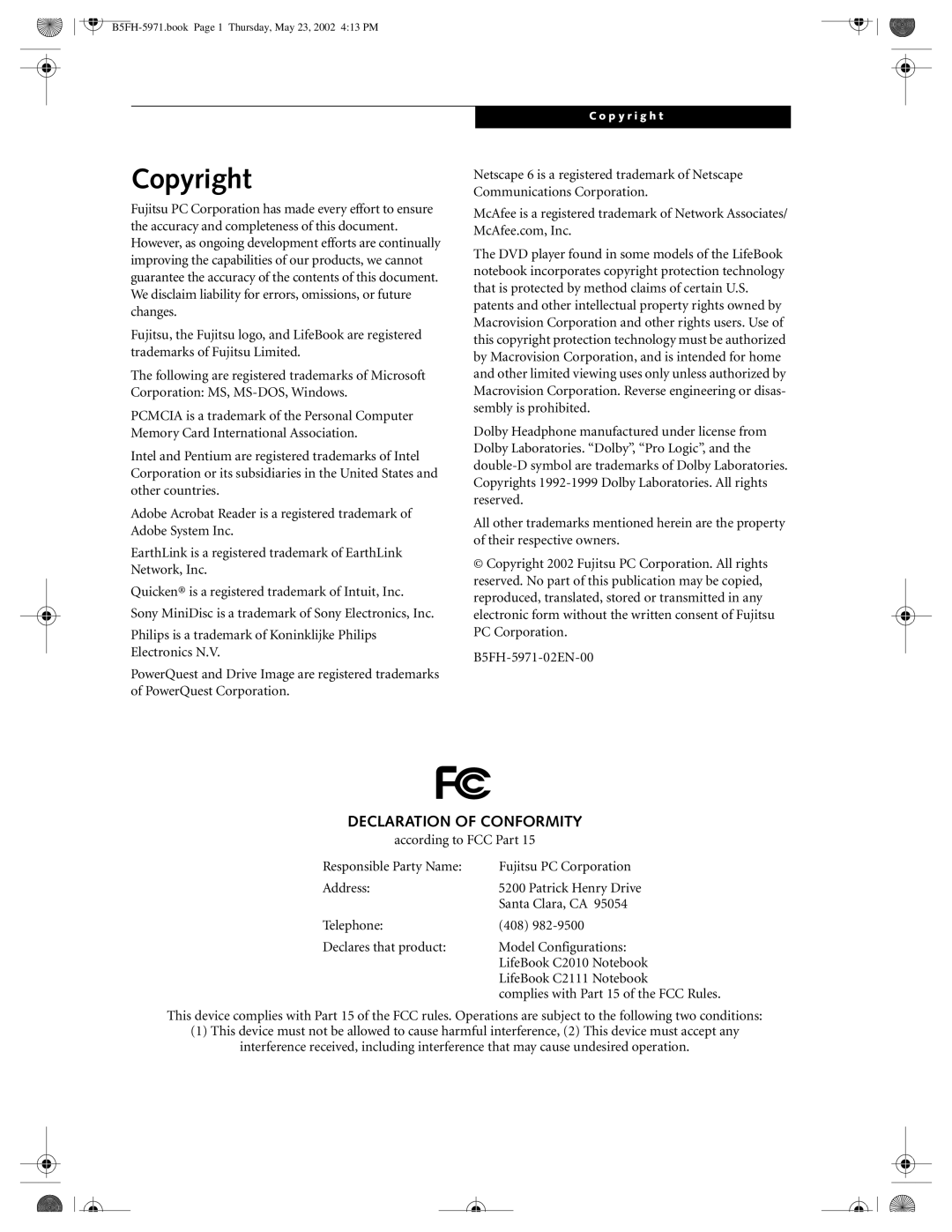 Fujitsu C2010, C2111 manual Copyright, Declaration of Conformity 