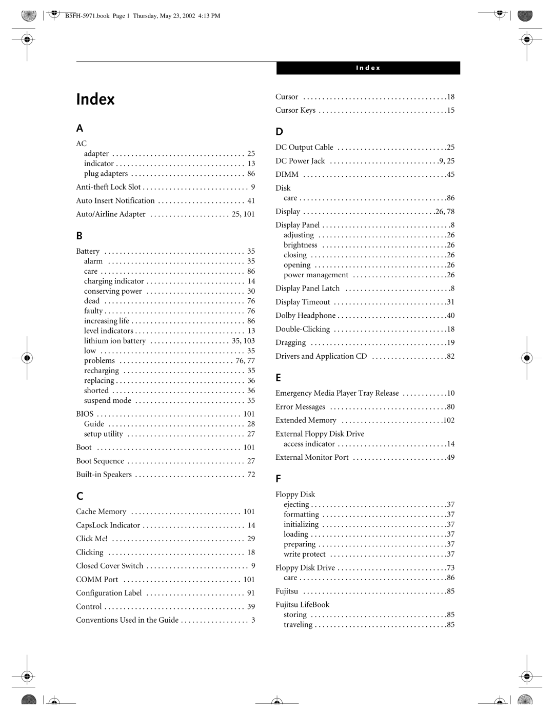 Fujitsu C2010, C2111 manual Index, Fujitsu Fujitsu LifeBook 