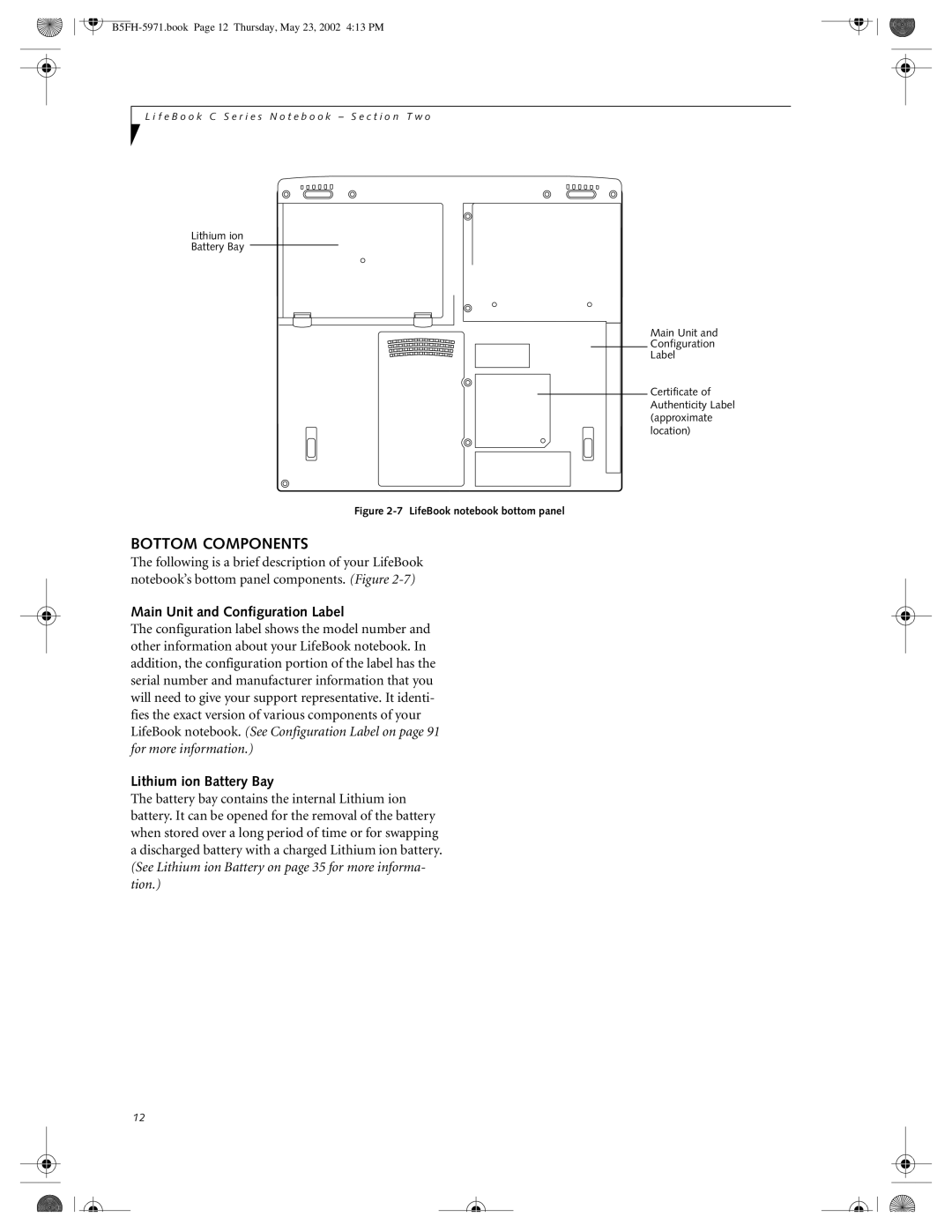 Fujitsu C2111, C2010 manual Bottom Components, Main Unit and Configuration Label, Lithium ion Battery Bay 