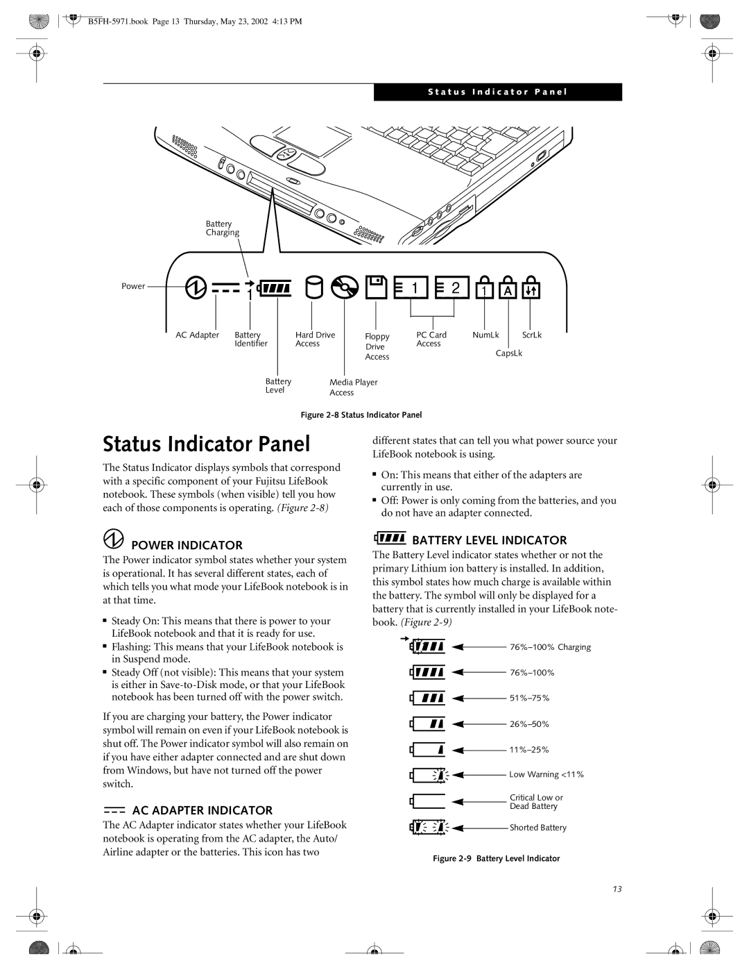 Fujitsu C2010, C2111 manual Status Indicator Panel, Power Indicator, AC Adapter Indicator, Battery Level Indicator 