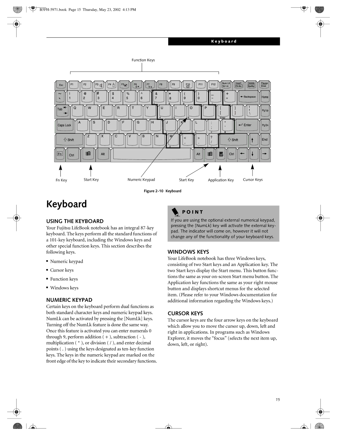 Fujitsu C2010, C2111 manual Using the Keyboard, Numeric Keypad, Windows Keys, Cursor Keys 