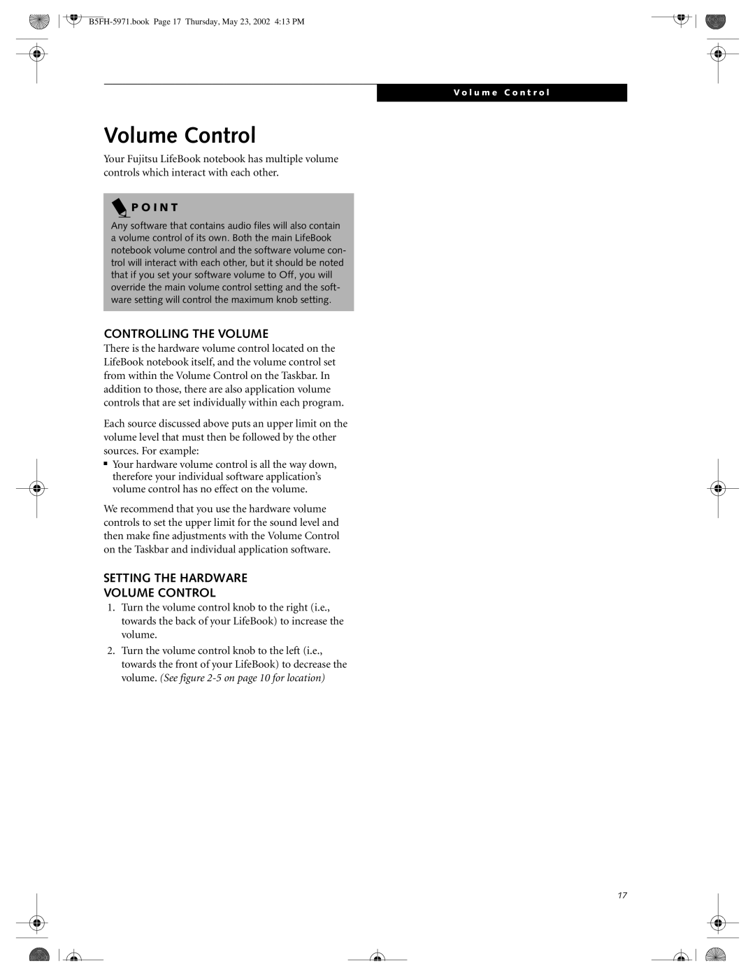 Fujitsu C2010, C2111 manual Controlling the Volume, Setting the Hardware Volume Control, I N T 