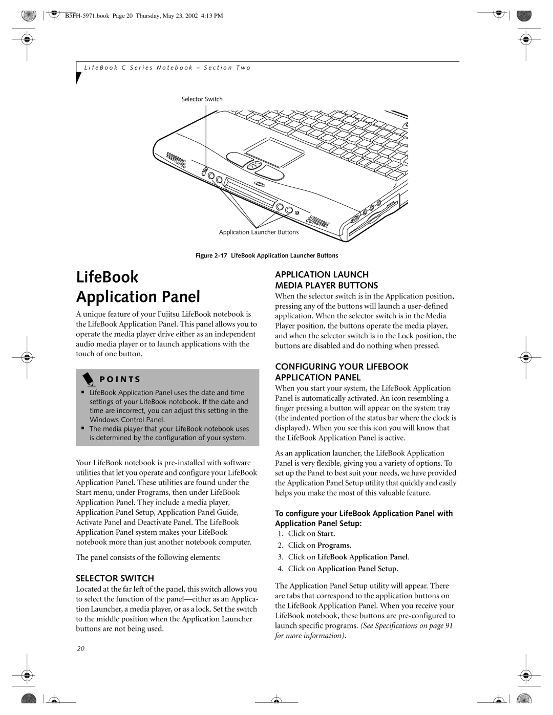 Fujitsu C2111, C2010 manual LifeBook Application Panel, Application Launch Media Player Buttons, Selector Switch 