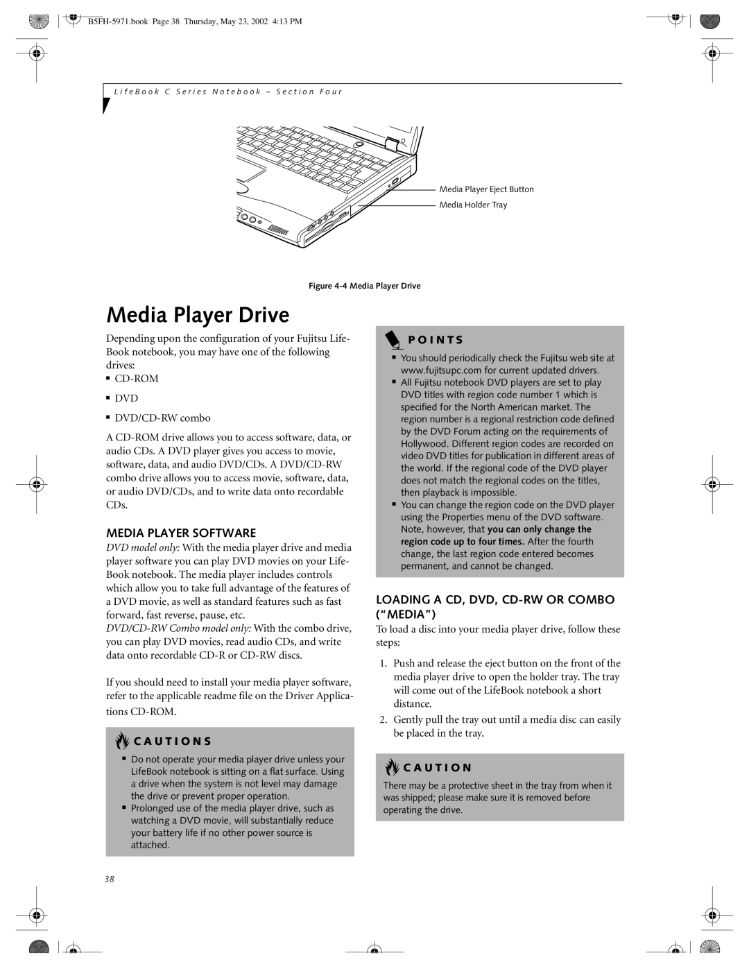 Fujitsu C2111, C2010 manual Media Player Drive, Media Player Software, Loading a CD, DVD, CD-RW or Combo Media 