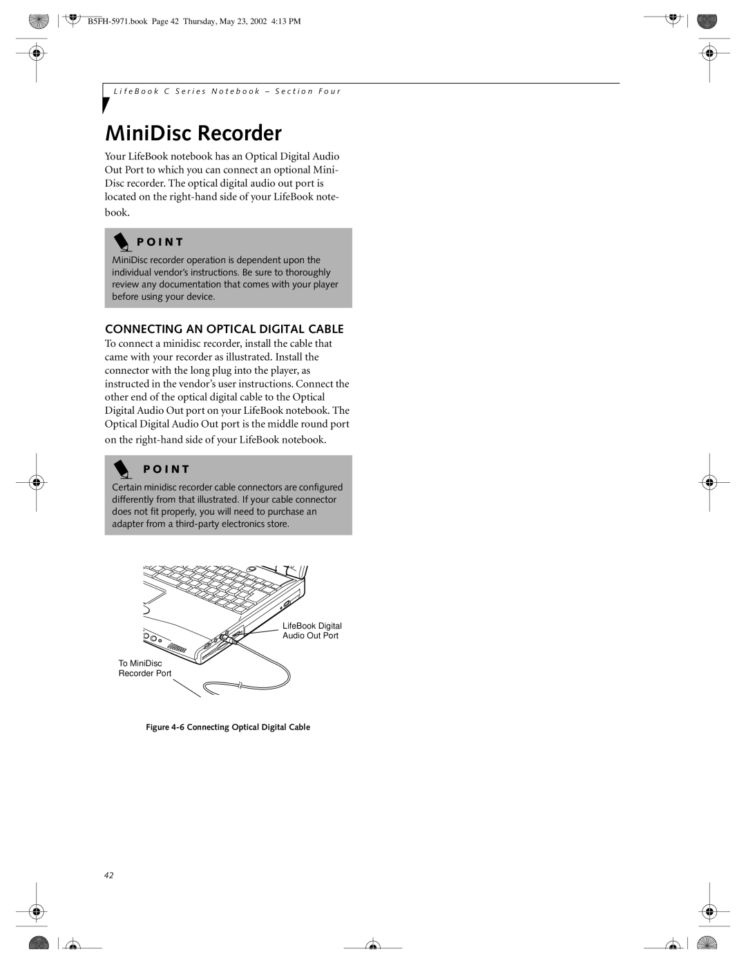 Fujitsu C2111, C2010 manual MiniDisc Recorder, Connecting AN Optical Digital Cable 