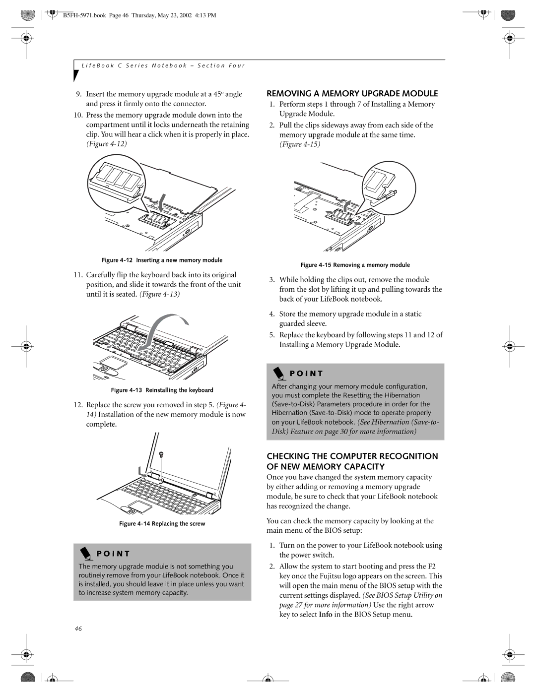 Fujitsu C2111, C2010 manual Removing a Memory Upgrade Module, Checking the Computer Recognition of NEW Memory Capacity 