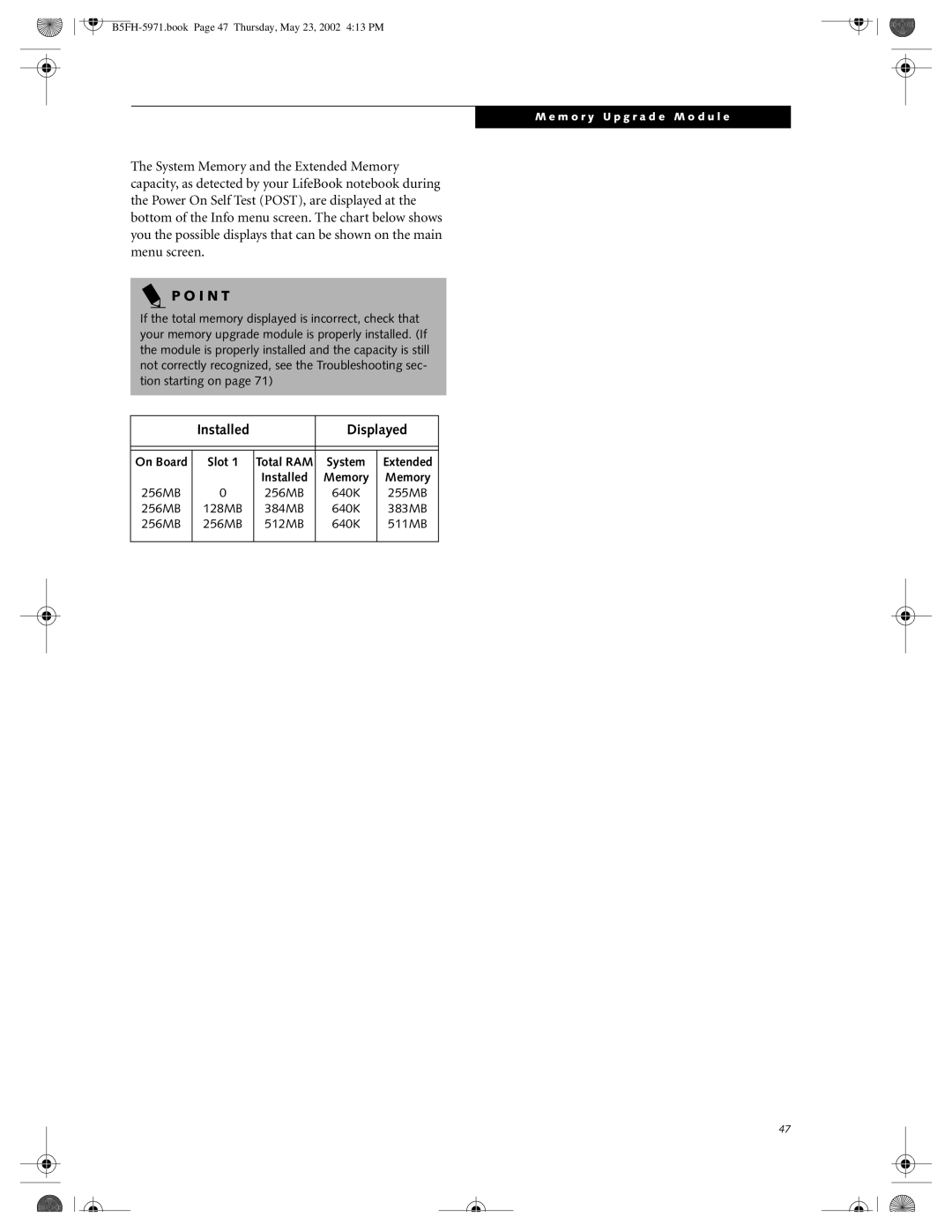 Fujitsu C2010, C2111 manual Installed Displayed, 511MB 