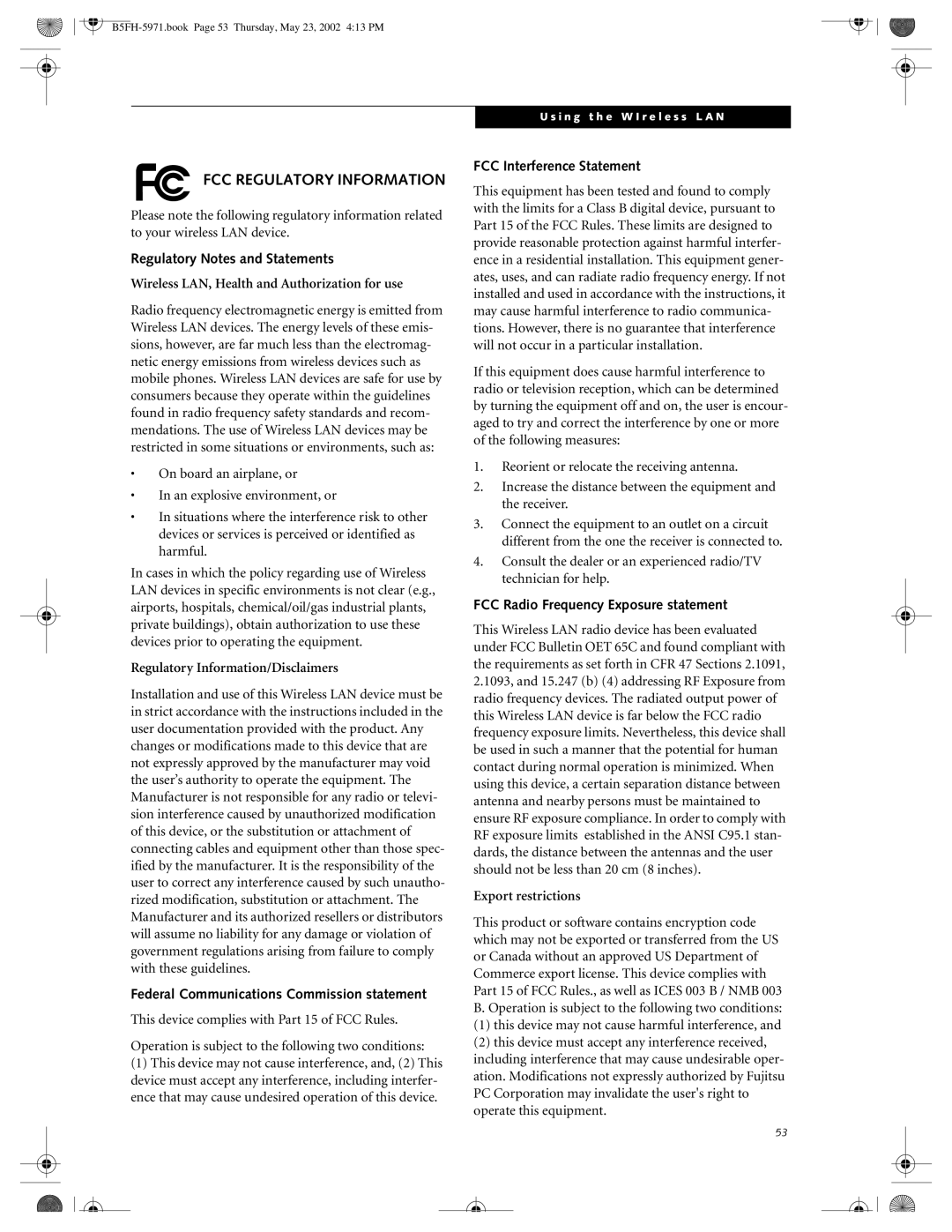 Fujitsu C2010 FCC Regulatory Information, Regulatory Notes and Statements, Federal Communications Commission statement 