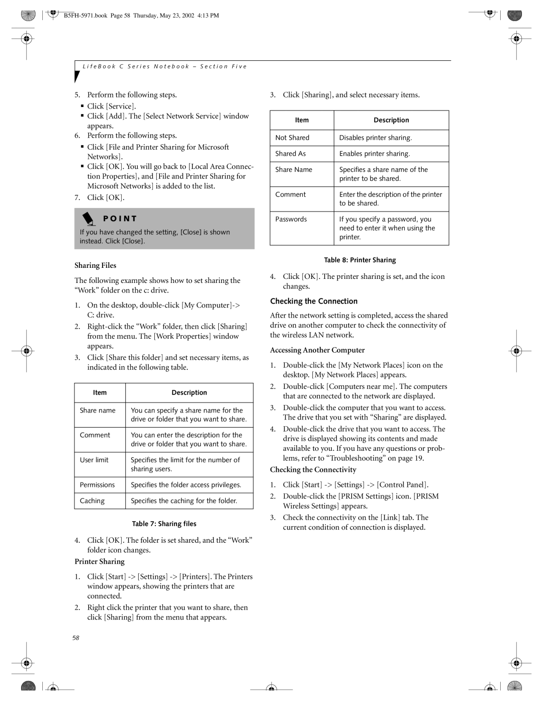 Fujitsu C2111, C2010 manual Sharing Files, Printer Sharing, Checking the Connection, Accessing Another Computer 