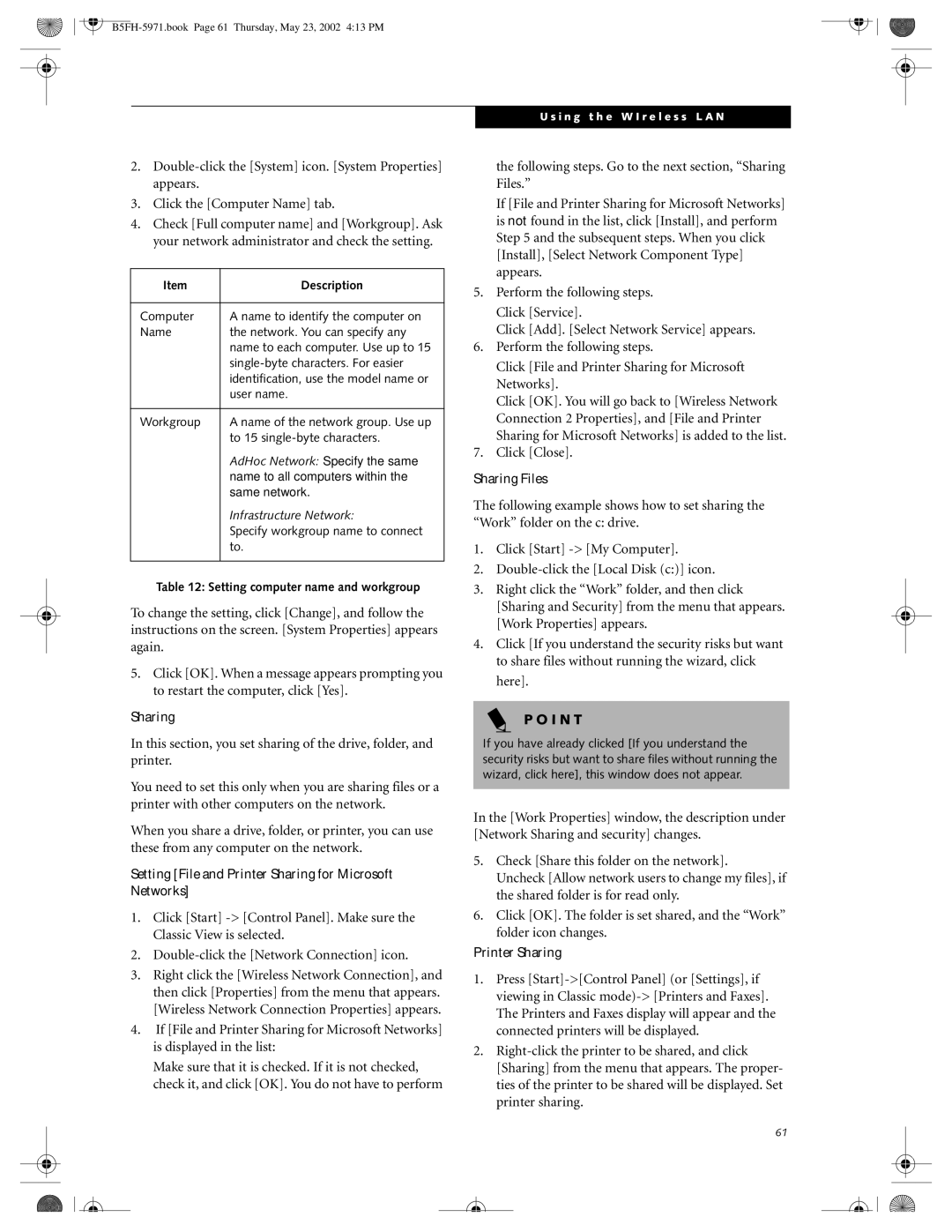 Fujitsu C2010, C2111 manual Setting File and Printer Sharing for Microsoft Networks 