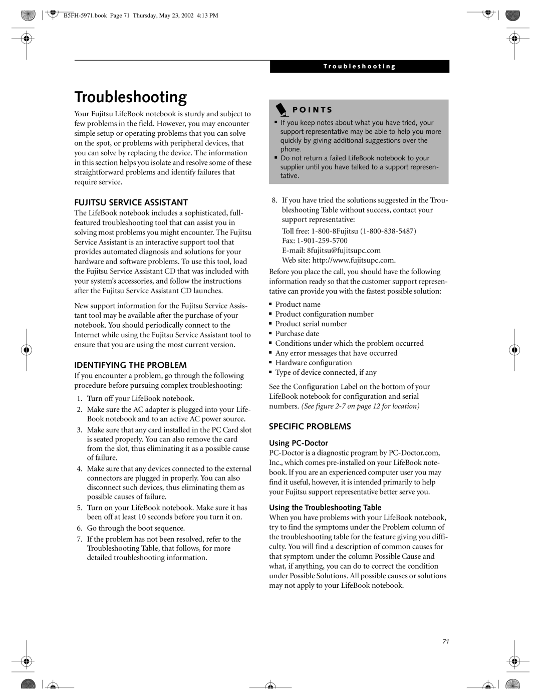 Fujitsu C2010, C2111 manual Troubleshooting, Fujitsu Service Assistant, Identifying the Problem, Specific Problems 