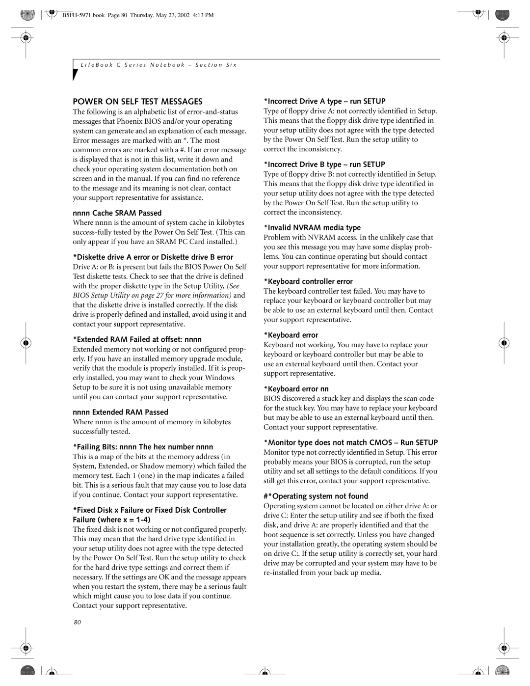 Fujitsu C2111, C2010 manual Power on Self Test Messages 