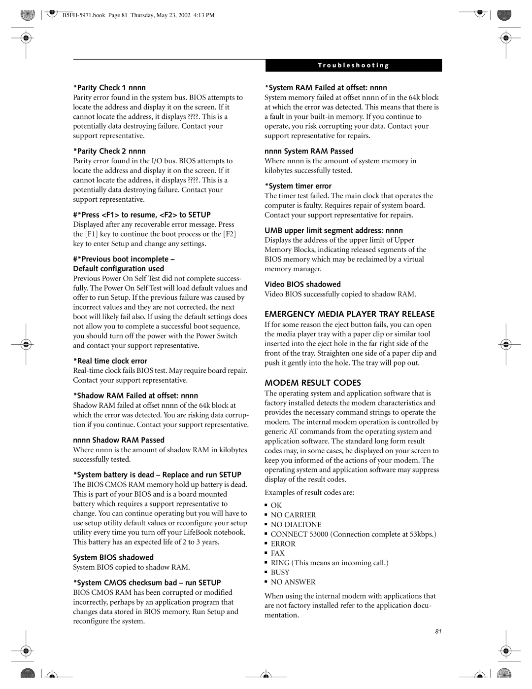 Fujitsu C2010, C2111 manual Emergency Media Player Tray Release, Modem Result Codes 