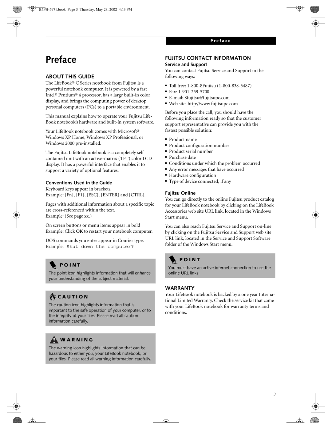 Fujitsu C2010, C2111 manual Preface, About this Guide, Fujitsu Contact Information, Warranty 