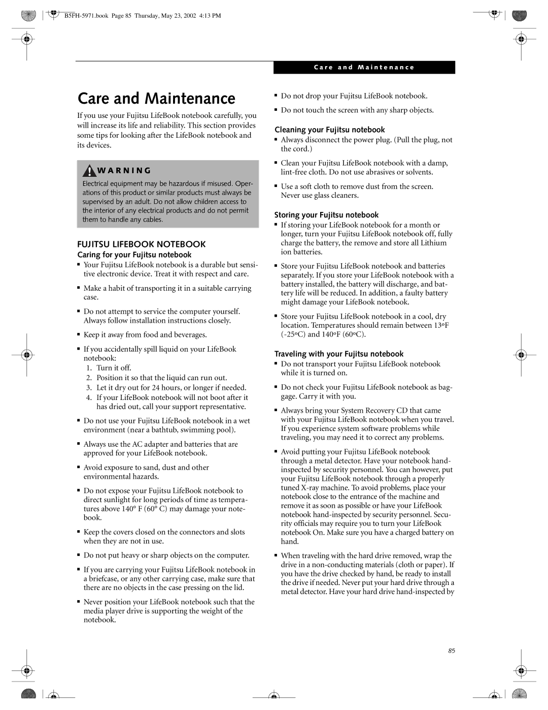 Fujitsu C2010, C2111 manual Care and Maintenance, Fujitsu Lifebook Notebook 