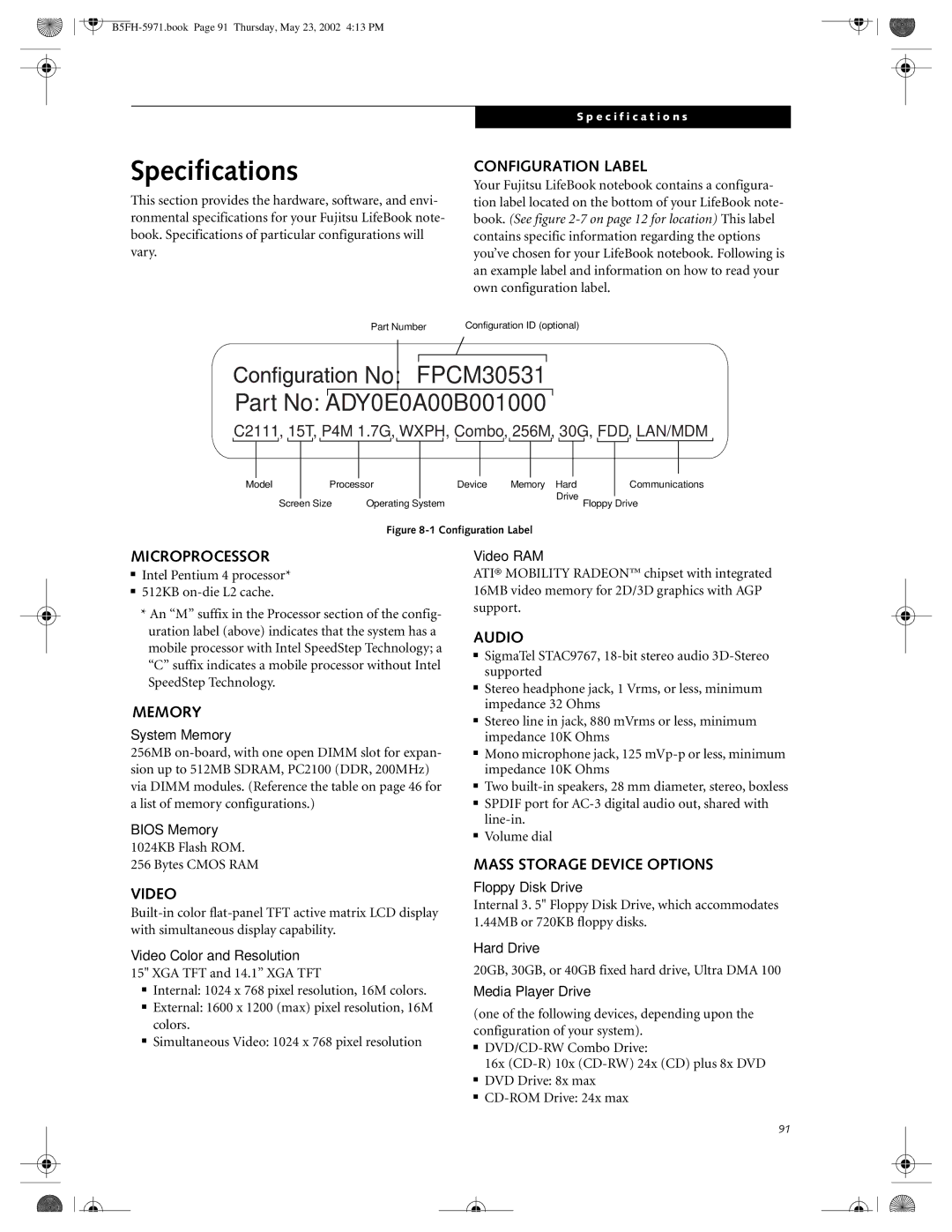 Fujitsu C2010, C2111 manual Specifications 