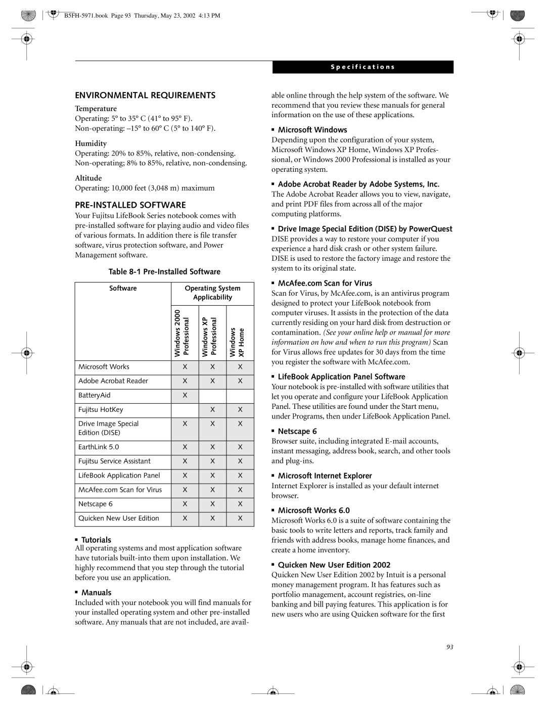 Fujitsu C2010, C2111 manual Environmental Requirements, PRE-INSTALLED Software 