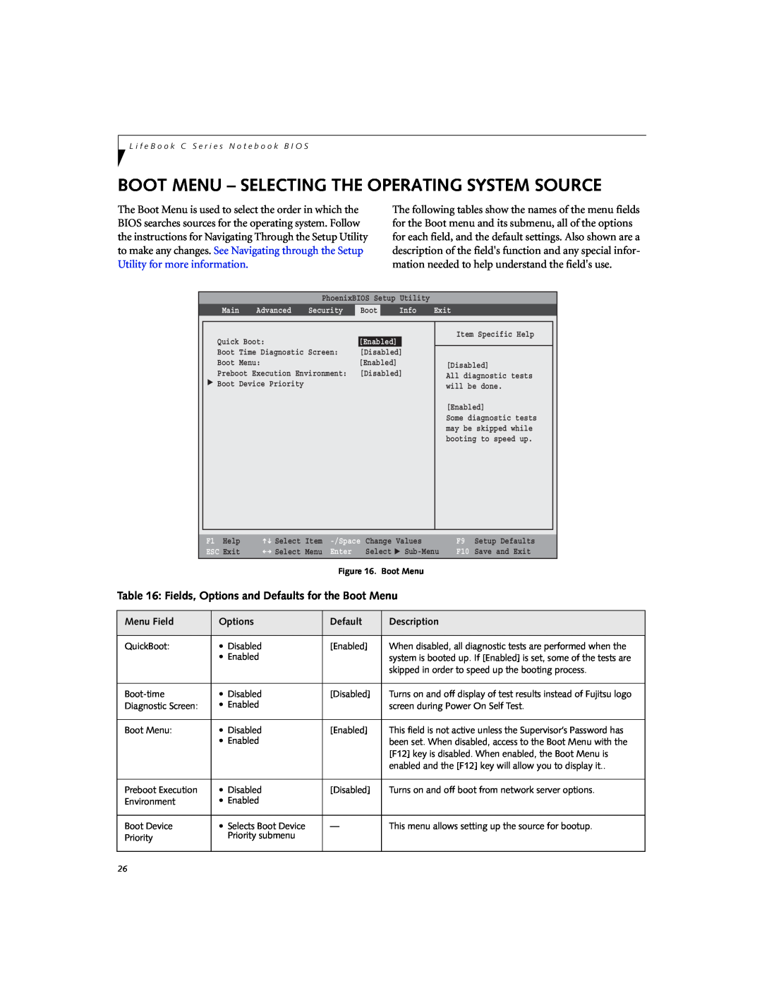 Fujitsu C2330 manual Boot Menu - Selecting The Operating System Source, Fields, Options and Defaults for the Boot Menu 