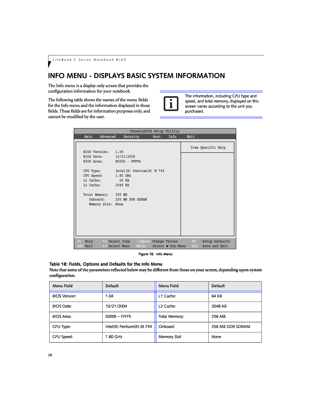 Fujitsu C2330 manual Info Menu - Displays Basic System Information, Fields, Options and Defaults for the Info Menu 