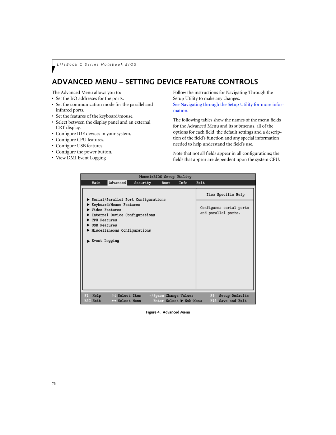 Fujitsu C2330 Advanced Menu Setting Device Feature Controls, Main Advanced Security Boot Info Exit, F1 Help, ESC Exit 