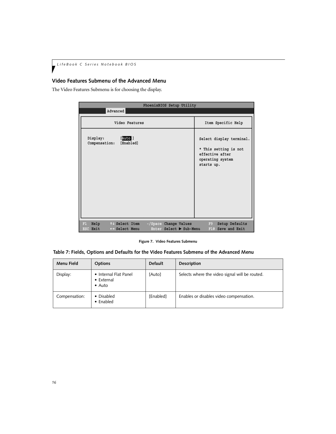 Fujitsu C2330 manual Video Features Submenu of the Advanced Menu, Video Features Submenu is for choosing the display 