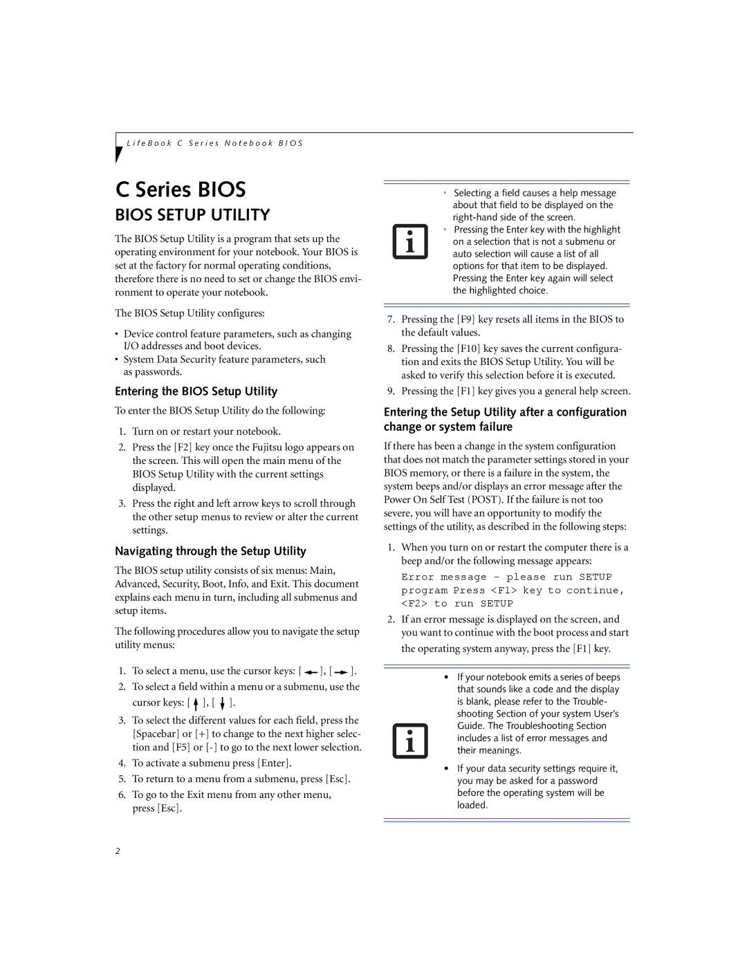 Fujitsu C2330 manual Entering the Bios Setup Utility, Navigating through the Setup Utility 