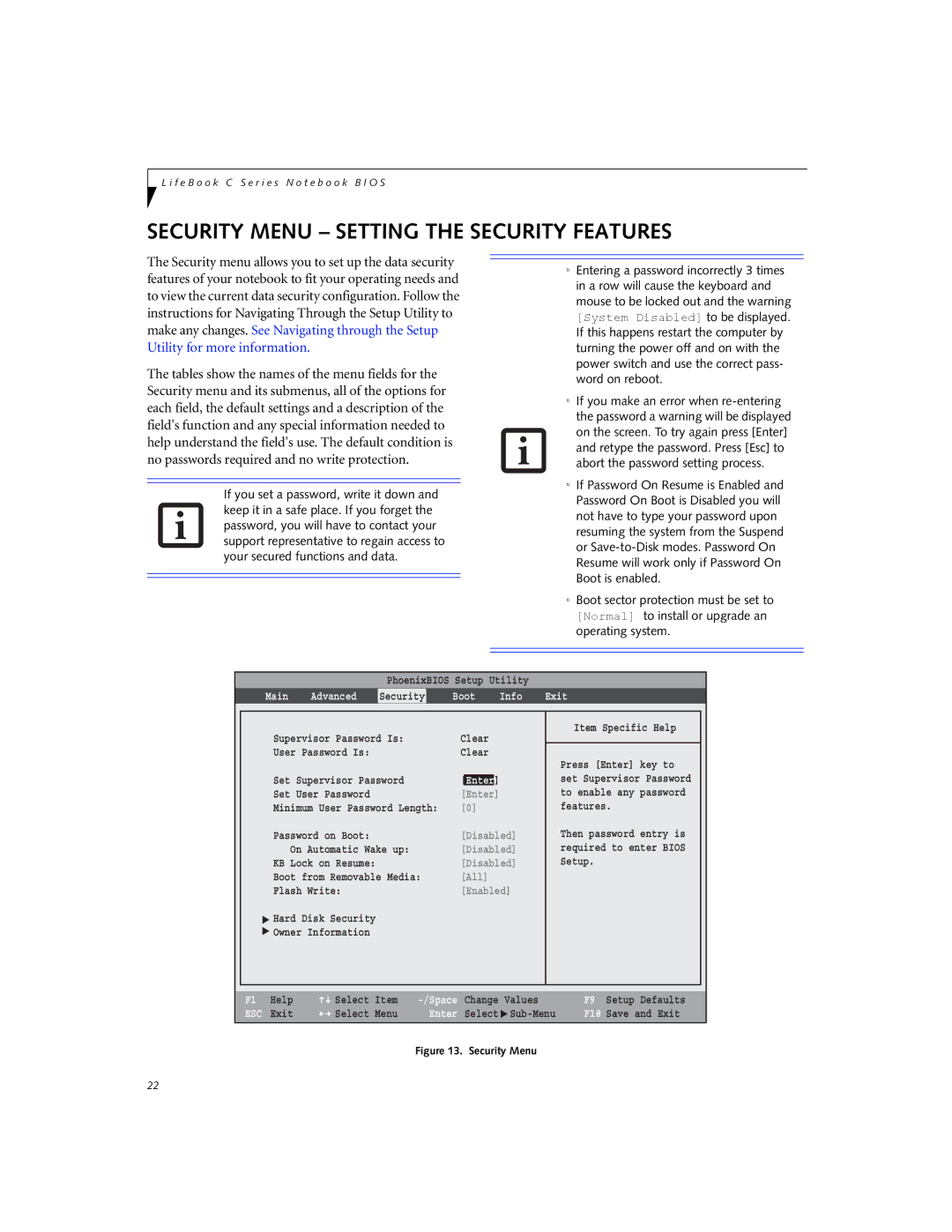 Fujitsu C2330 manual Security Menu Setting the Security Features, Boot Info Exit 