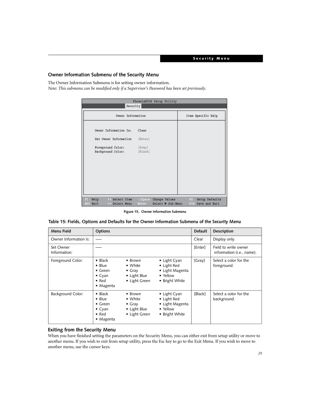 Fujitsu C2330 manual Owner Information Submenu of the Security Menu, Exiting from the Security Menu 