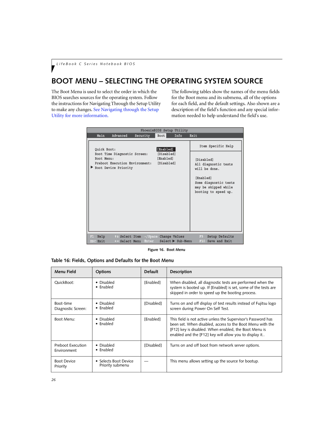 Fujitsu C2330 manual Boot Menu Selecting the Operating System Source, Fields, Options and Defaults for the Boot Menu 