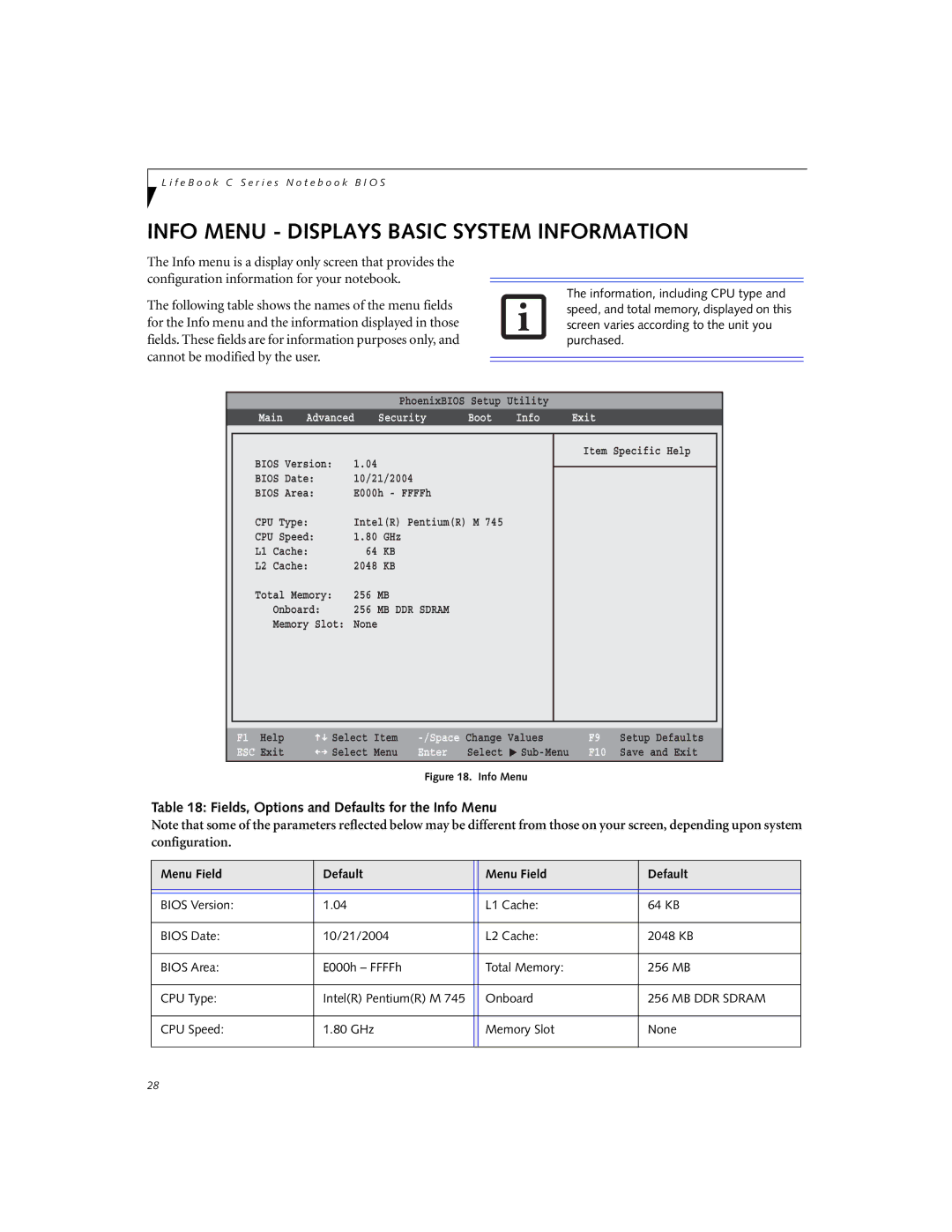 Fujitsu C2330 manual Info Menu Displays Basic System Information, Fields, Options and Defaults for the Info Menu, Main 