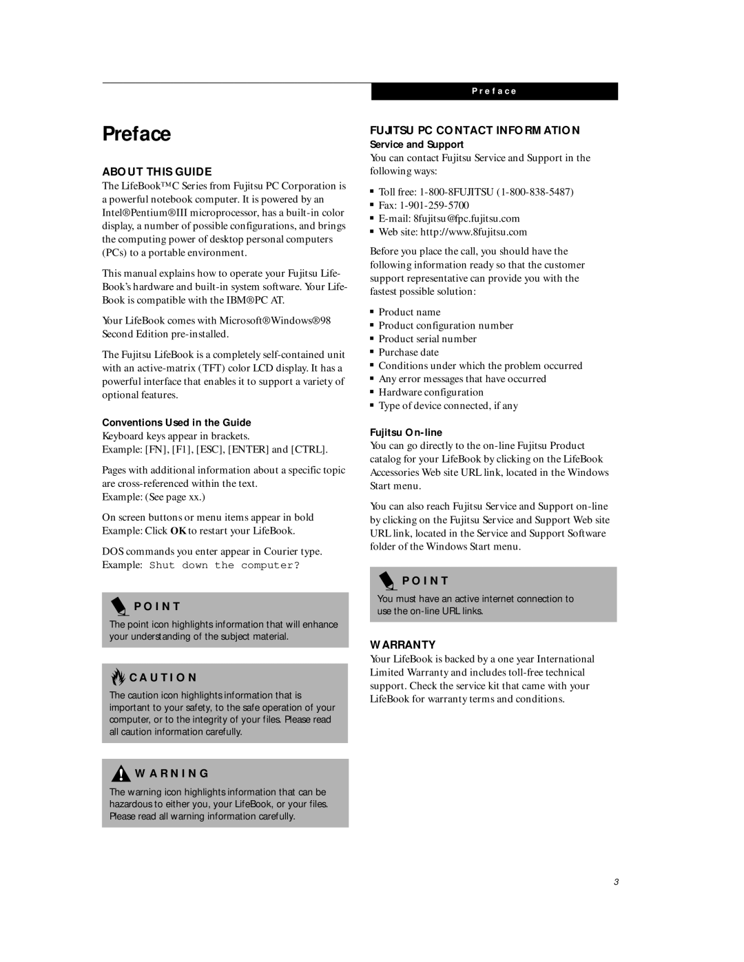 Fujitsu C6577 manual Preface, About this Guide, Fujitsu PC Contact Information, Warranty 