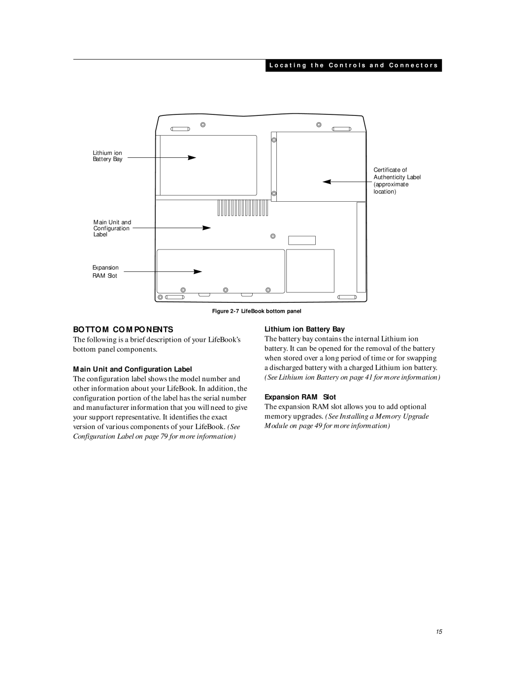 Fujitsu C6577 manual Bottom Components, Main Unit and Configuration Label, Expansion RAM Slot 