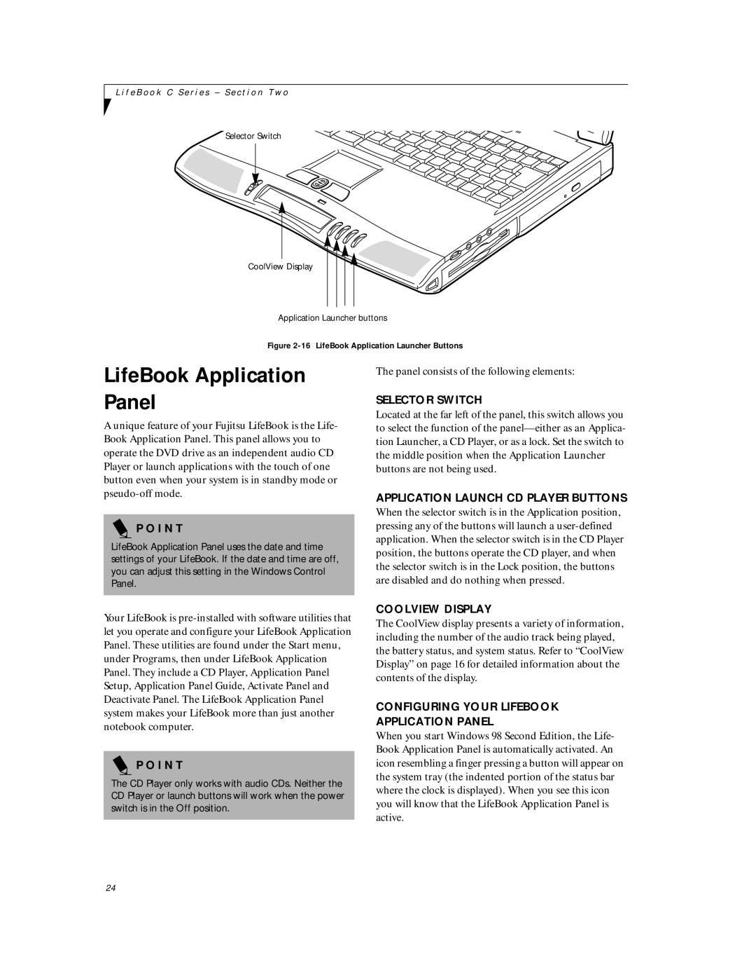 Fujitsu C6577 manual LifeBook Application Panel, Selector Switch, Application Launch CD Player Buttons, Coolview Display 