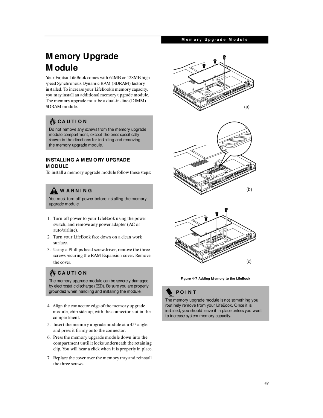 Fujitsu C6577 manual Installing a Memory Upgrade Module 