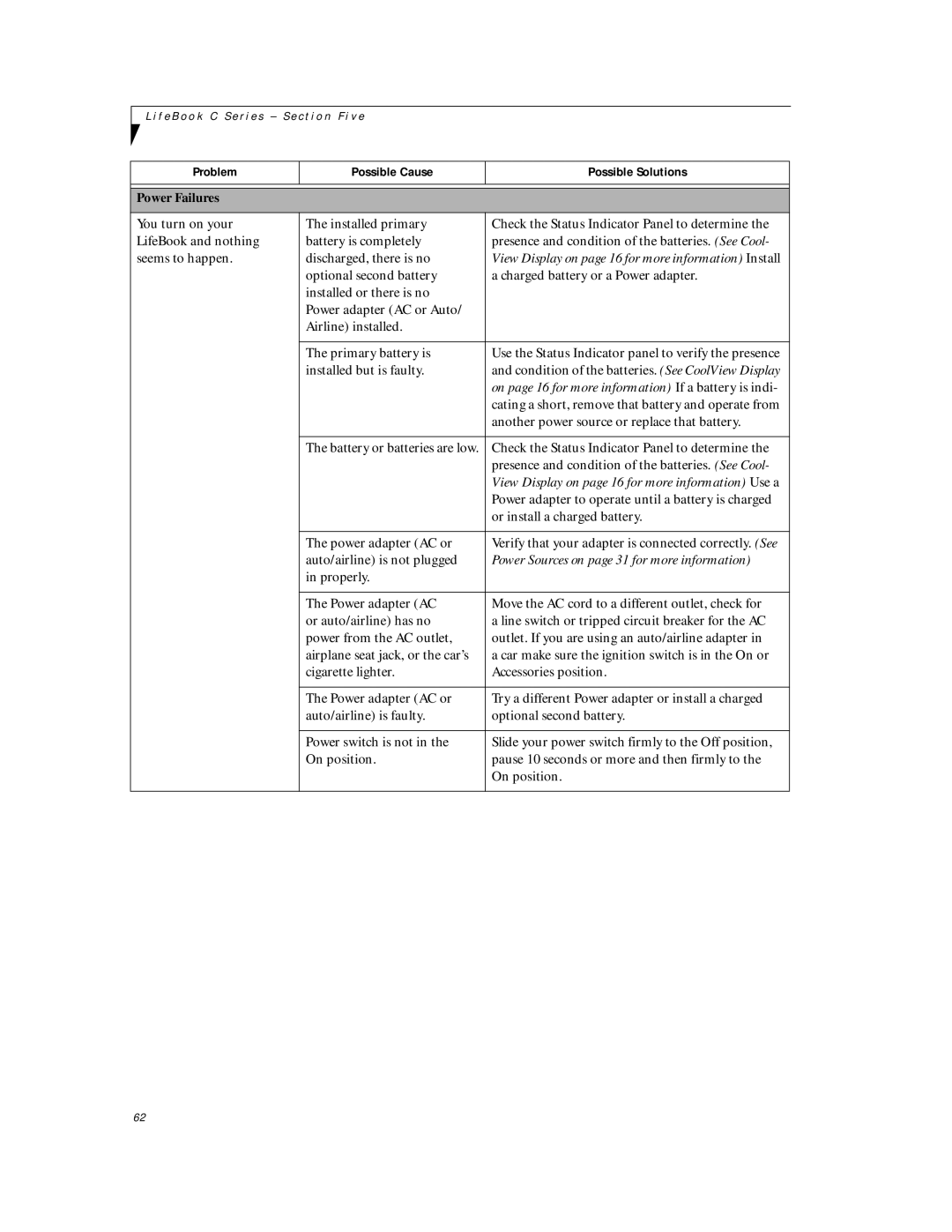 Fujitsu C6577 manual On page 16 for more information If a battery is indi, Power Sources on page 31 for more information 