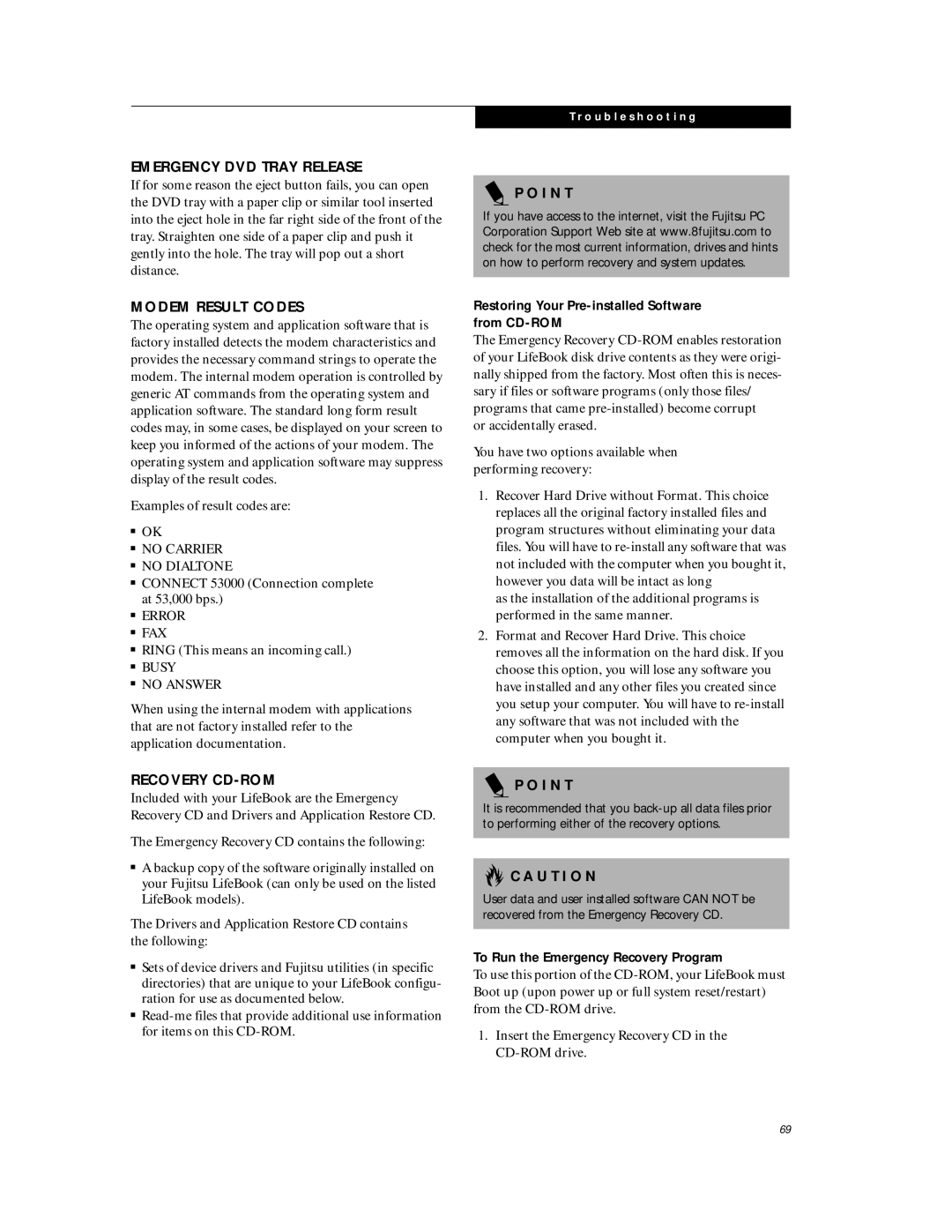 Fujitsu C6577 manual Emergency DVD Tray Release, Modem Result Codes, Recovery CD-ROM, To Run the Emergency Recovery Program 