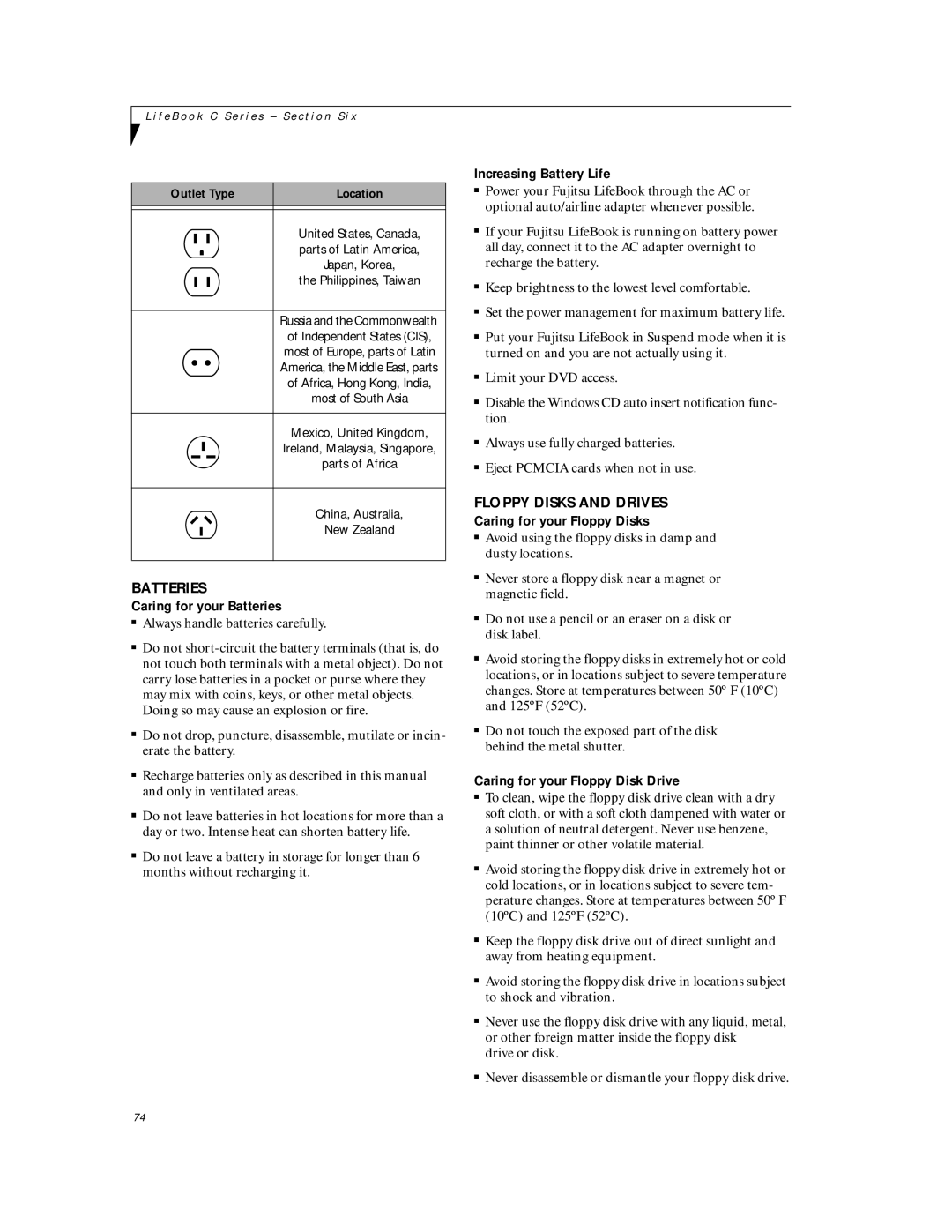 Fujitsu C6577 manual Batteries, Floppy Disks and Drives 