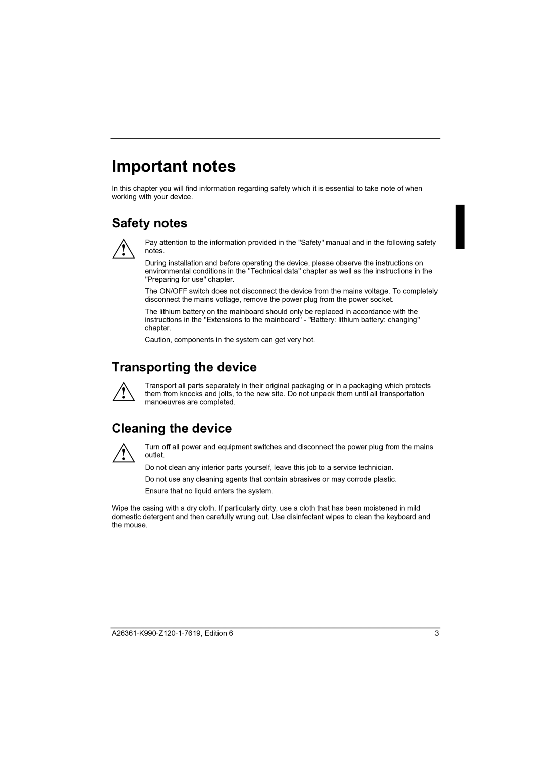 Fujitsu CELCIUS M/V/R manual Important notes, Safety notes, Transporting the device, Cleaning the device 