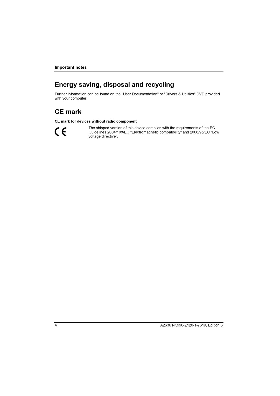 Fujitsu CELCIUS M/V/R manual Energy saving, disposal and recycling, CE mark for devices without radio component 