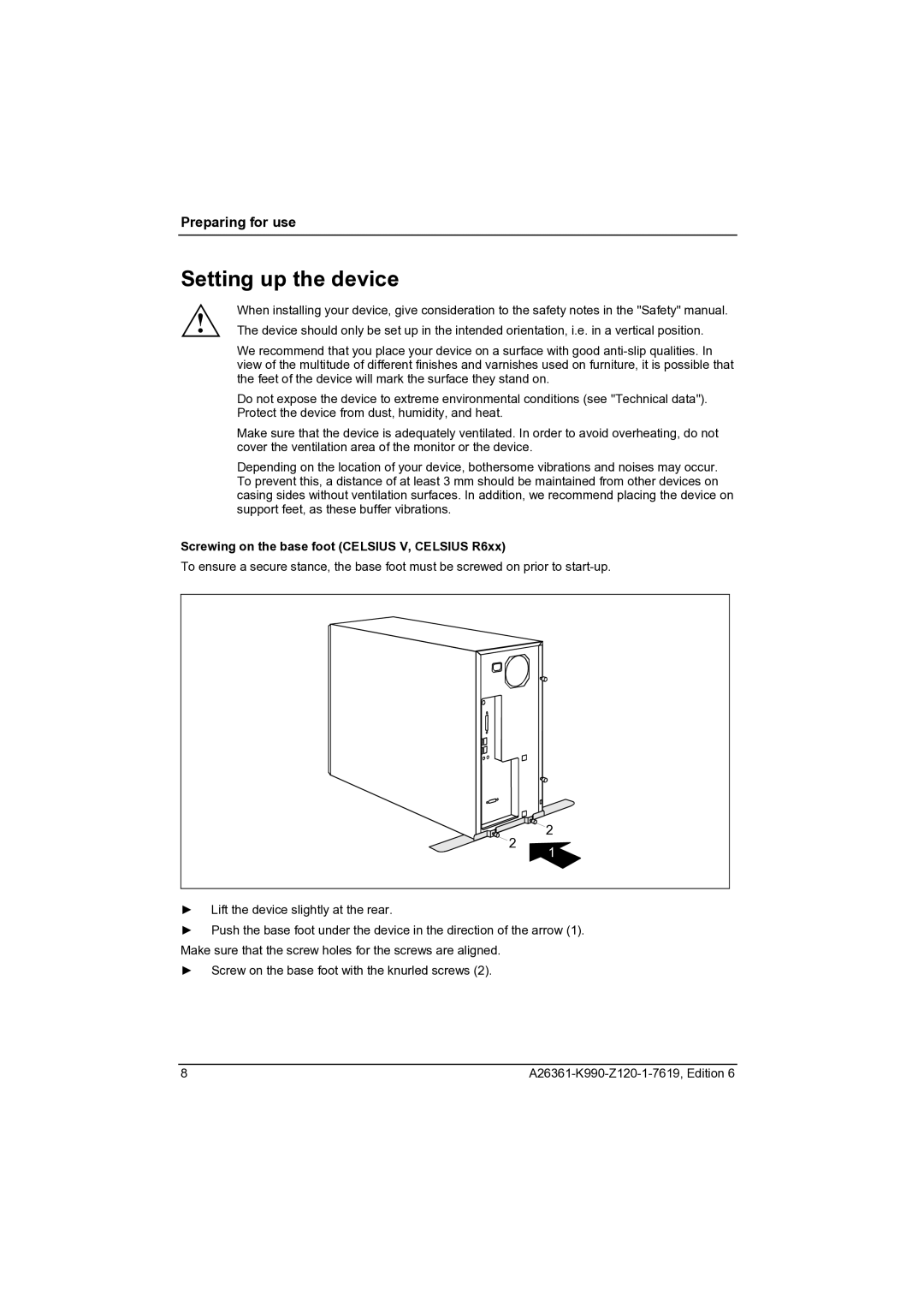 Fujitsu CELCIUS M/V/R manual Setting up the device, Screwing on the base foot Celsius V, Celsius R6xx 