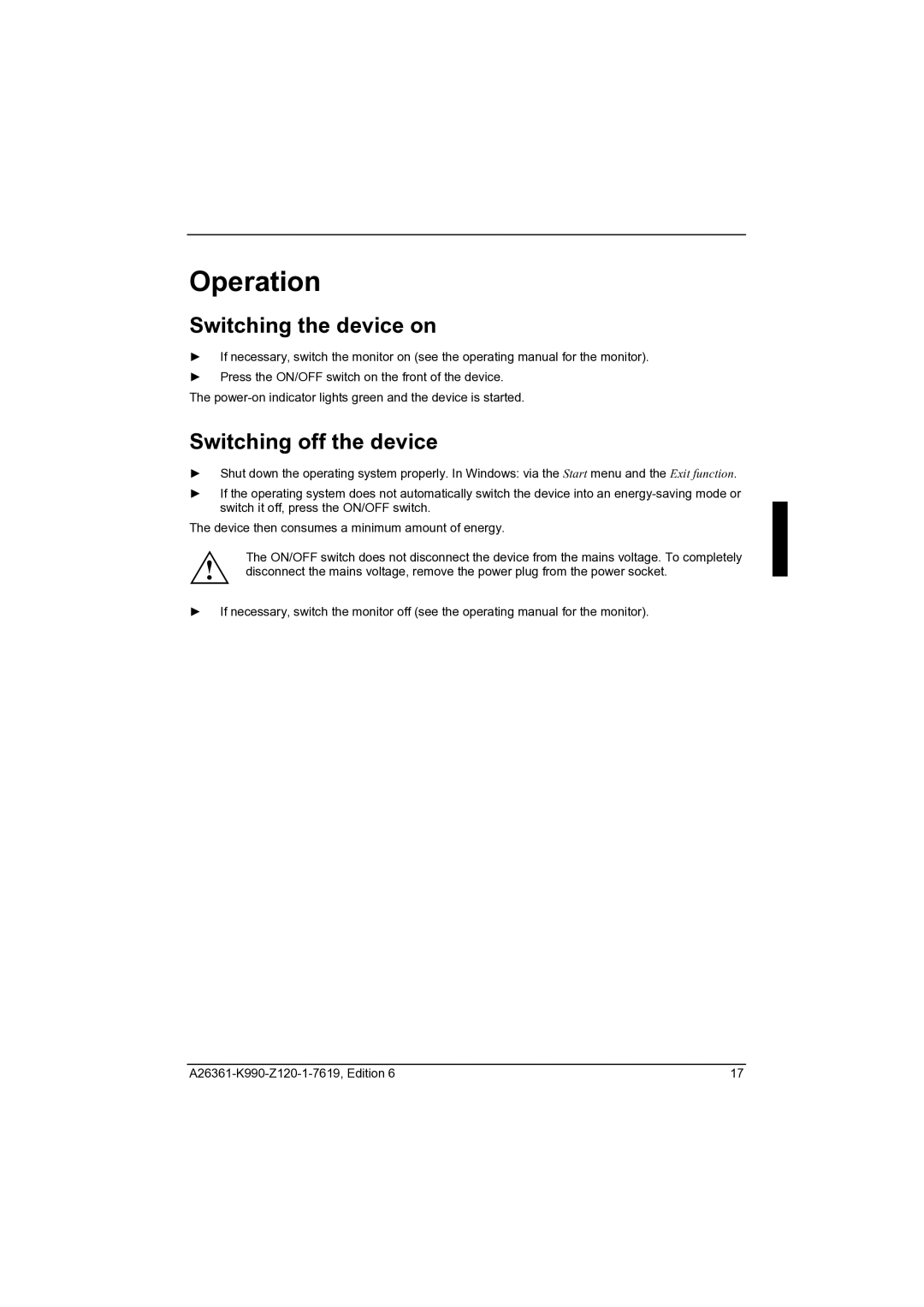 Fujitsu CELCIUS M/V/R manual Operation, Switching the device on, Switching off the device 