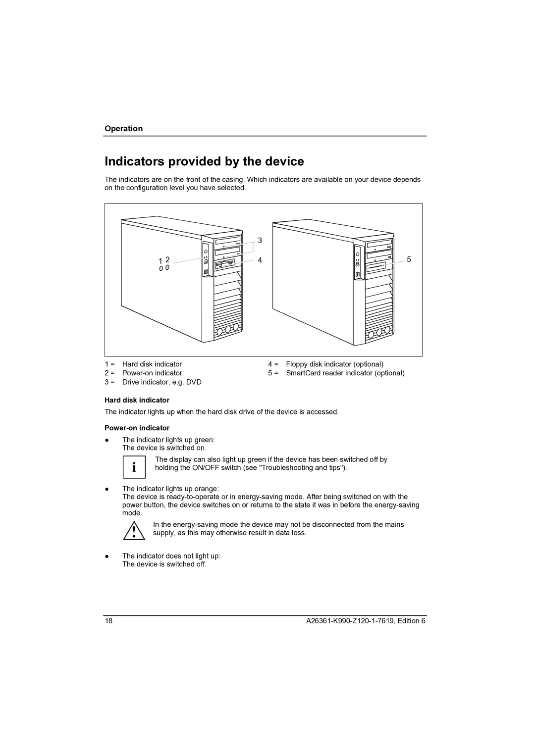 Fujitsu CELCIUS M/V/R manual Indicators provided by the device, Hard disk indicator, Power-on indicator 