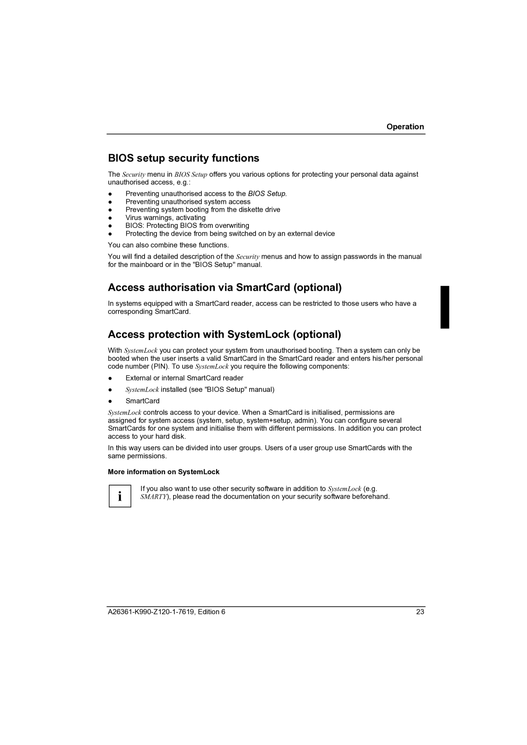 Fujitsu CELCIUS M/V/R manual Bios setup security functions, Access authorisation via SmartCard optional 