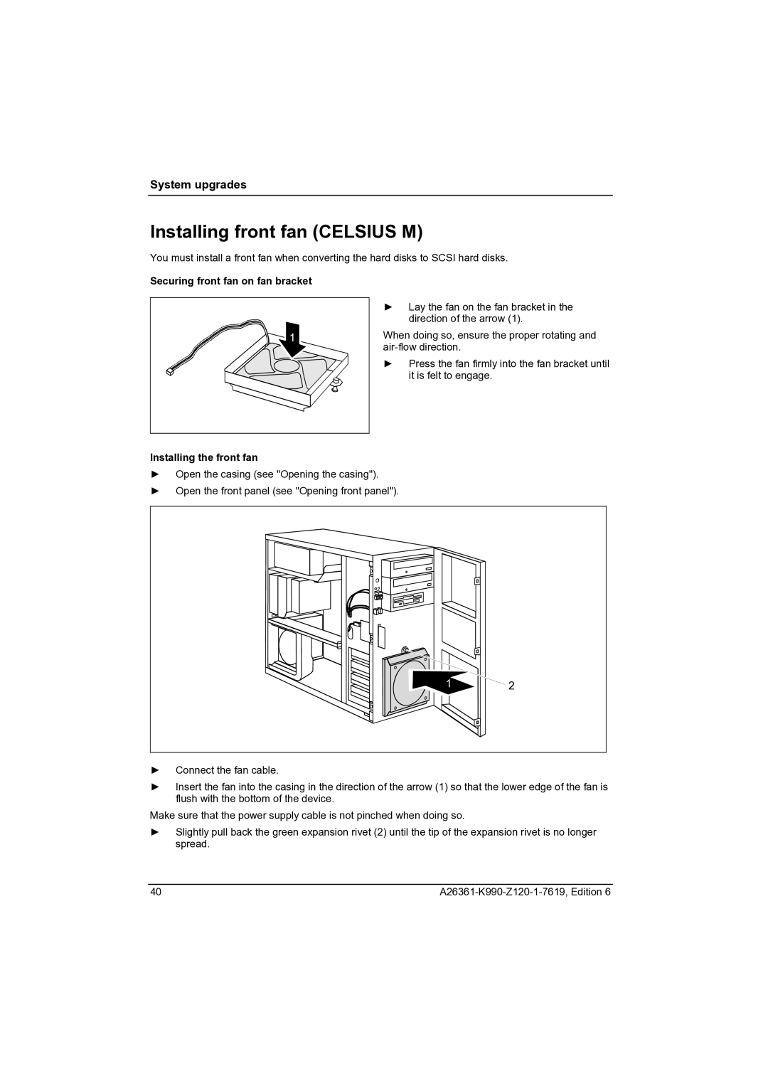 Fujitsu CELCIUS M/V/R manual Installing front fan Celsius M, Securing front fan on fan bracket, Installing the front fan 