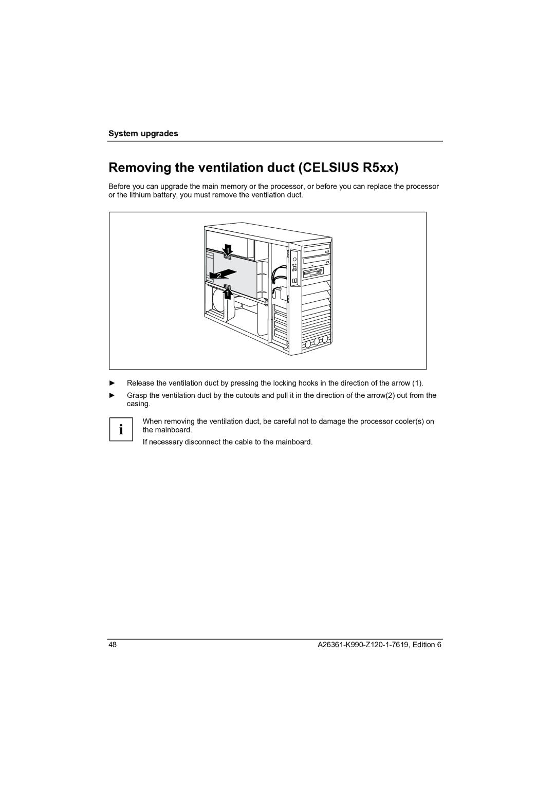 Fujitsu CELCIUS M/V/R manual Removing the ventilation duct Celsius R5xx 