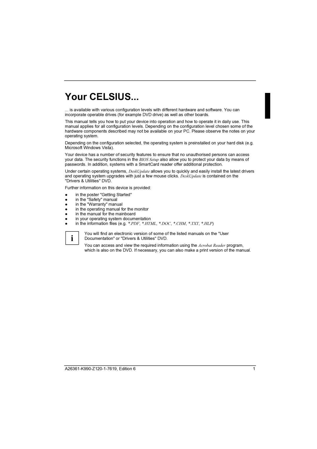 Fujitsu CELCIUS M/V/R manual Your Celsius, Documentation or Drivers & Utilities DVD 